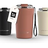 LARS NYSØM Thermo Coffee Mug to go with Strap 13oz | Travel Mug 0.38 Liter with Insulation | Leak Proof Stainless Steel Thermal Tumbler for Coffee and Tea to Go (Brick Red, 12.9oz)