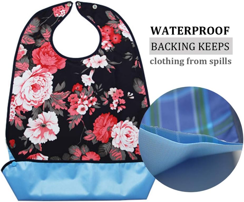 Vlokup Adult Bibs for Eating Women & Men, 3 Pack, Waterproof Mealtime Clothing Protector for Elderly, Optional Crumb Catcher, Adjustable Snaps, Reuasale Washable, Rose & Lips: Health & Personal Care