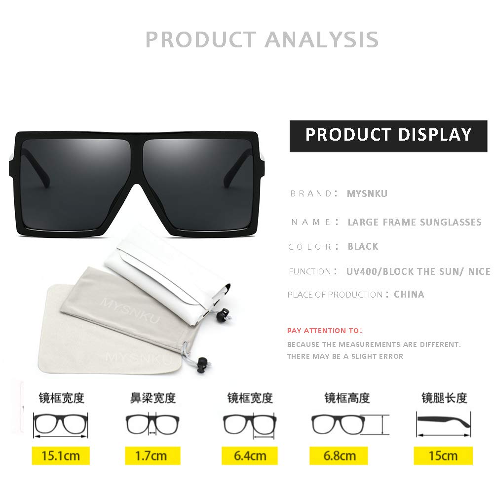 MYSNKU Fashion Square Large Frame Sunglasses Men and Women Eyewear UV400 Black Driving (T36-Black, 65)
