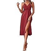 SweatyRocks Women's Tie Backless Split Midi Dresses Sleeveless V Neck Textured Summer Dress