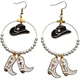 Cute Cowboy Hat and Boot Charm Big Hoop Earrings for Men Women, Handmade Beads Dangle Earrings, Cool Creative Western Cowgirl Jewelry