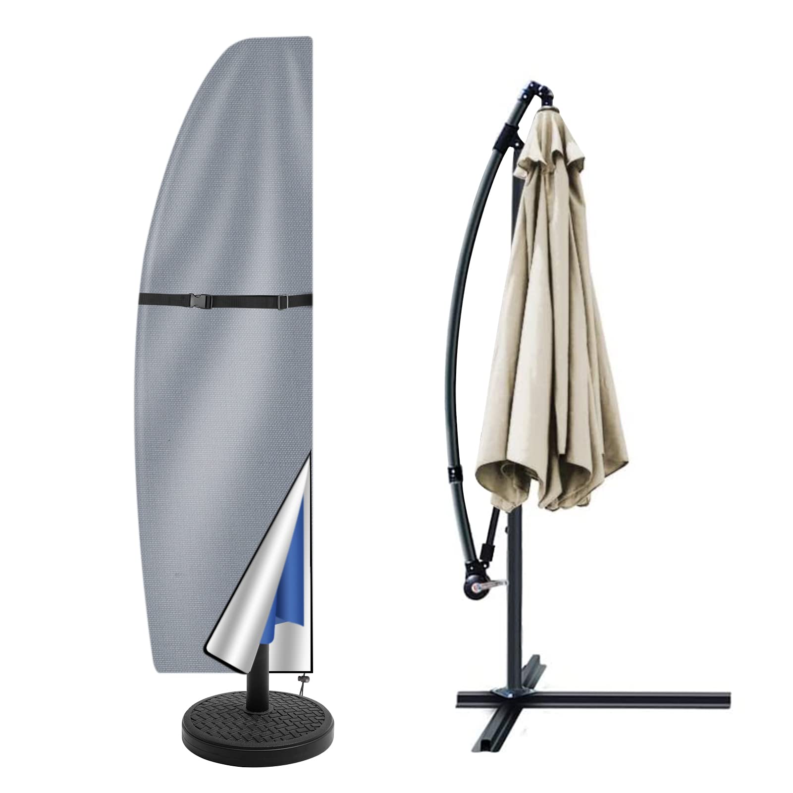 Teynewer Parasol Cover Waterproof, Cantilever Parasol Protective Cover with Telescopic Pole and Zipper Fit for 1 to 3 m Large Umbrella Patio Parasol Weatherproof UV-Anti Windproof, Grey