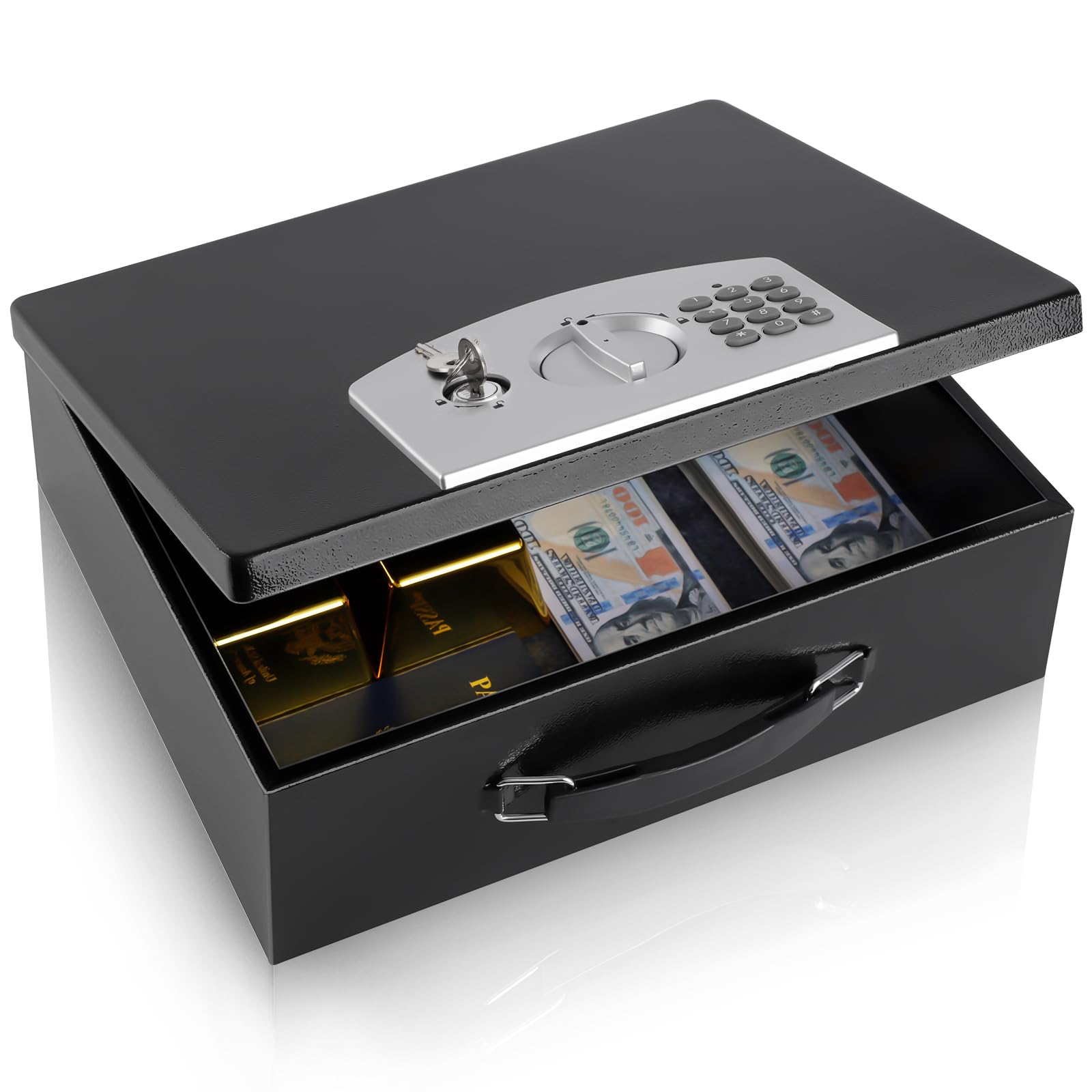 Photo 1 of Dalmbox Portable Metal Safe Box with Digital Code Lock,Fire Resistant Storage for Documents, Fireproof Safe Box, Car, Home, Office and Outside, Black Box