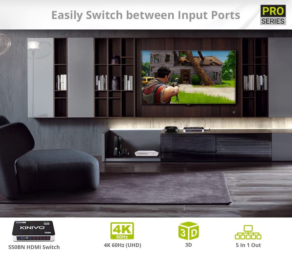 Kinivo HDMI Switch 4K HDR 550BN (5 in 1 Out, 4K 60Hz HDR, HDMI 2.0, High Speed 18Gbps, IR Remote, HDCP) - Compatible with Roku, PS5, Xbox, Apple TV, Nintendo Switch, Cable Box