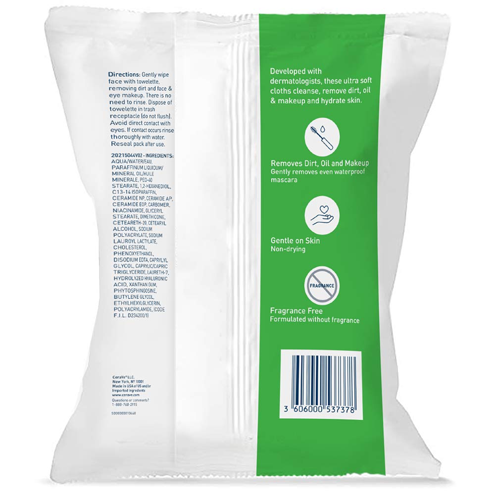 CeraVe Makeup Removing Cleanser Cloths | Makeup Wipes to Remove Dirt, Oil, & Waterproof Eye & Face Makeup | Fragrance Free | 25 Count