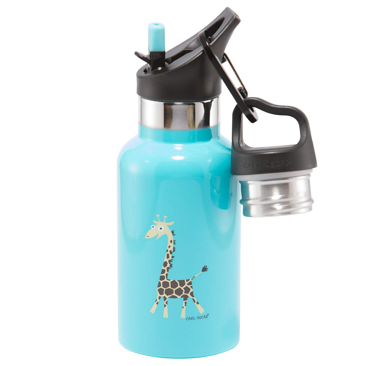 Carl Oscar Double-Walled Thermos Bottle for Children - Vacuum Flask Keeps Drinks Warm for 10 Hours, Cold for 24 Hours. 0,3 Liter in Comes with 2 Lids, and Straw. With Giraffe in Turquoise