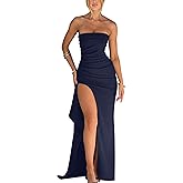 YMDUCH Women's Elegant Strapless Bodycon Ruched Ruffle High Split Long Formal Evening Dress