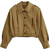 CUFEZN Women's Cropped Pleated Jacket Long Sleeve Collared Button Down Casual Short Trench Coat Spring Fall Outerwear
