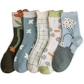 5/10 Pairs Embroidered Floral Socks for Women Combed Cotton Above Ankle Crew Socks