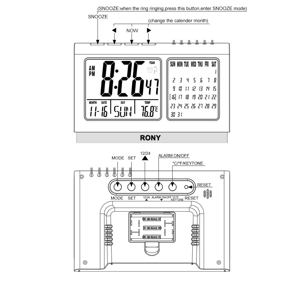 Digital Alarm Clock Battery Operated for Heavy Sleeper, Kids, RONY Desk Clock for office with Snooze, Calendar, Temperature Display(℉/℃)