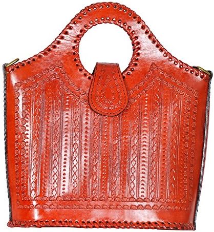 11 Inch Hand Carved &amp; Embossed Crafted Leather Basket Cutout Handle Hobo Wrist &amp; Shoulder Carry (Red)
