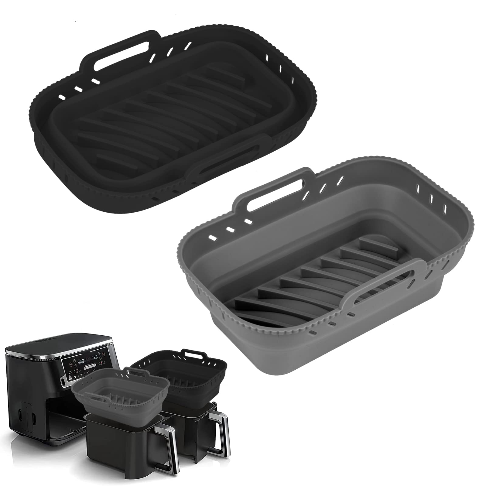Photo 1 of Small Air Fryer Silicone Liners, 7.56 x 5.12 inch Small Rectangle Collapsible Airfryer Liner, Reusable Non-Stick Baking Trays for Ninja DZ201/DZ401/DZ550 Instant Air Fryer, 2 Pack (Grey+Black)
