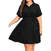 Talisea Plus Size Shirt Dress Women Button Down Casual Short Sleeve Summer Work Collared Belted Dresses with Pockets