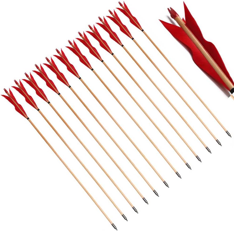 PG1ARCHERY Traditional Wooden Arrows, 12 Pack Practice Target Hunting Arrow 5" Turkey Feathers Fletched with Field Points Tips for Recurve Compound Bow Longbow