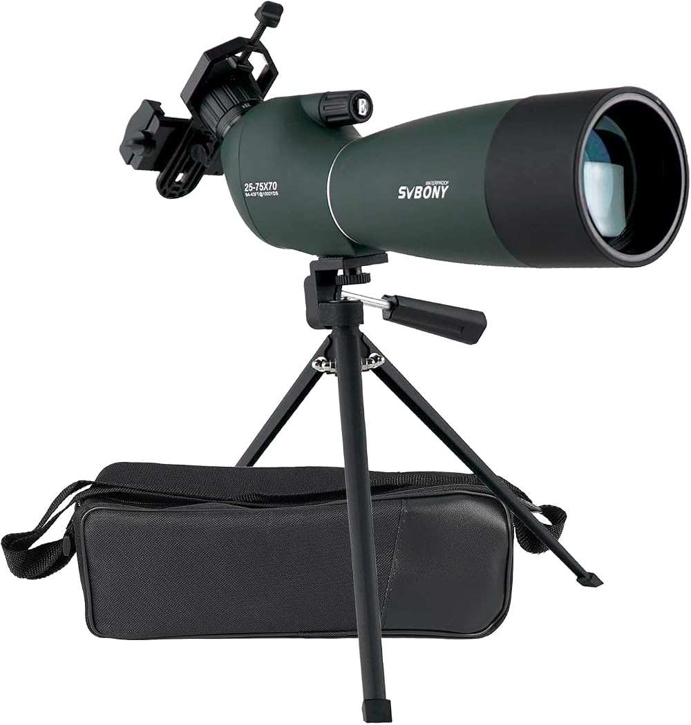 Svbony SV28 Spotting Scope 25-75X70 with Tripod Phone Adapter Angled 45°