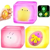 Celltestria 3Pcs Easter Squishy Stress Cube Fidget Toys Glow in The Dark Cute Sensory Toys Squeeze Cube with Bunny Egg Chick Design Stress Relief Balls for Easter Basket Stuffers Party Favors Gifts