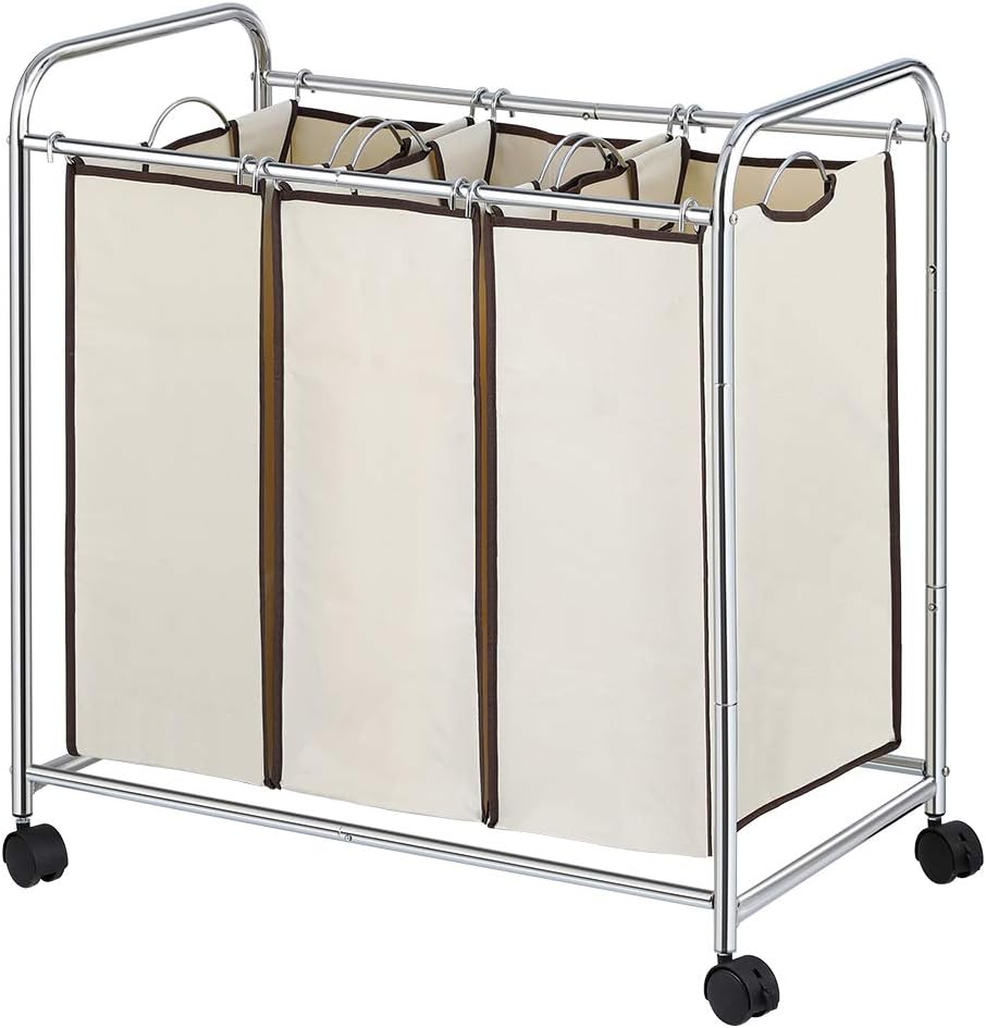 NEX Laundry Sorter 3-Bag Laundry Hamper Cart with Rolling Wheels for Clothes Storage (Chrome)