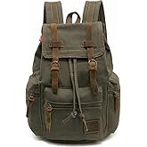 HuaChen Vintage Canvas Travel Backpack with Leather Trim, Laptop Padded Sleeve, Hidden Back Security Pocket, Fits 14-Inch, M32 Army Green