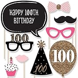 Chic 100th Birthday - Pink, Black and Gold - Birthday Party Photo Booth Props Kit - 20 Count