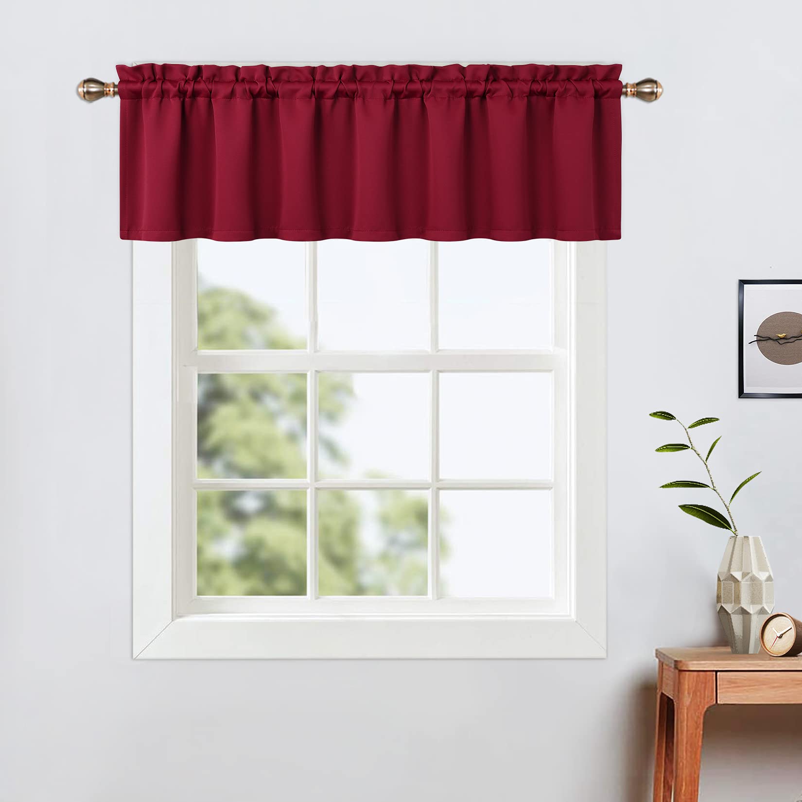 LinTimes Valance Kitchen Curtains,52 x 15 inch Long,Red Wine,Rod Pocket Short Blackout Curtain for Small Windows,Thermal Window Treatment and Room Darkening Cafe Curtain