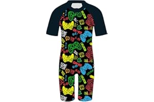 TFJH E One-Piece Boys Short Sleeve Swimsuits Rash Guard Suits Swimwear 50+ UV Sun Protective Zip