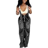 Vakkest Women's High Waisted Cargo Denim Overalls Loose Straight Jumpsuit with Adjustable Straps Zipper Closure