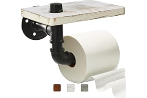 Helntova Industrial Pipe Toilet Paper Holder Wall Mount, Farmhouse Toilet Paper Holder With Shelf, Wood Rustic Toilet Paper Holder, Rustic Farmhouse Bathroom Decor,Industrial Toilet Paper Holder-White
