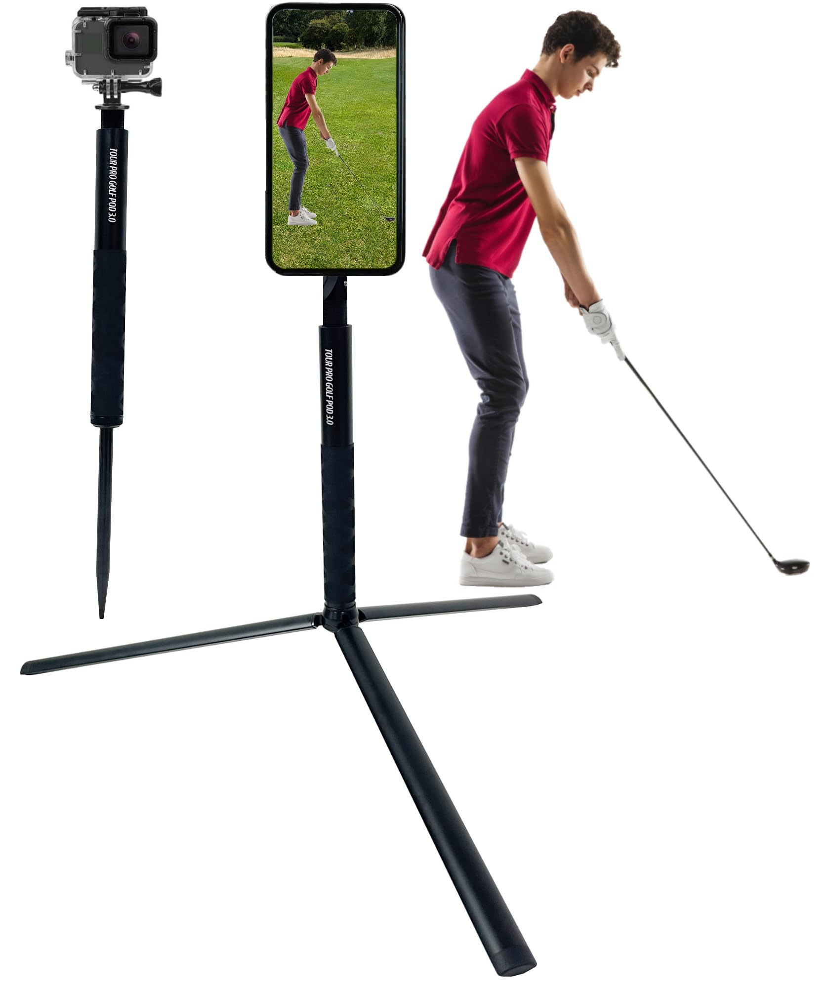 Tour Pro Golf Pod 3.0 Height Adjustable Magnetic Phone Tripod Monopod Spike Stand Selfie Stick Training Aid Built to Record Golf Swing Magsafe Compatible All Phones & ¼” Cameras. Great Gift