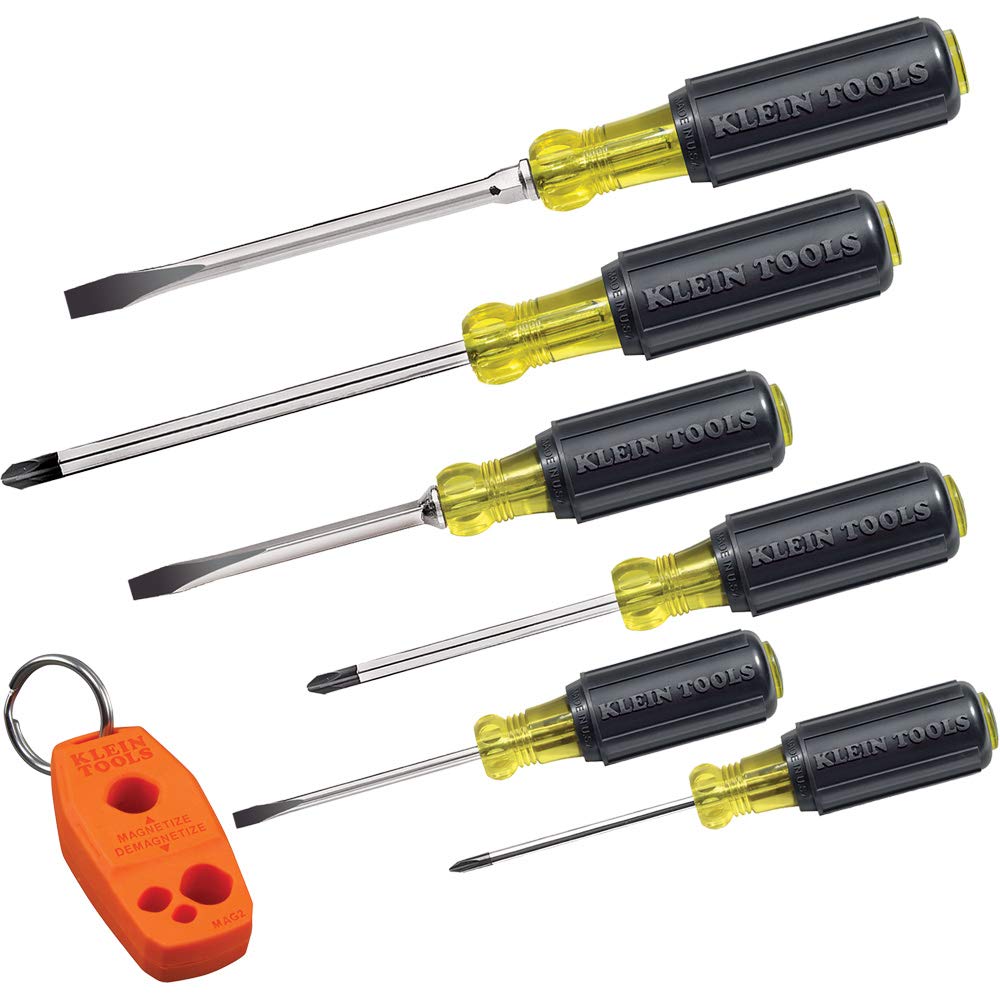 Klein Tools 85146 Screwdriver Set 6pcs Includes Magnetizer/Demagnetizer, 3 Slotted, 3 Phillips, Cushion Grip Comfort, Precision Machined