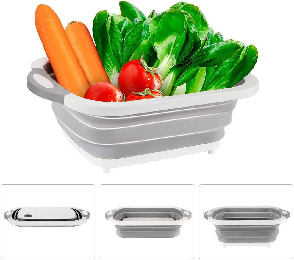 UOON Collapsible Drain Basket Kitchen Basin 4 in 1 Multi-Function Foldable Washing Basket Portable Cutting Chopping Board Storage Basket Vegetable and Fruit Basket for Cuisine, Kitchen Tools