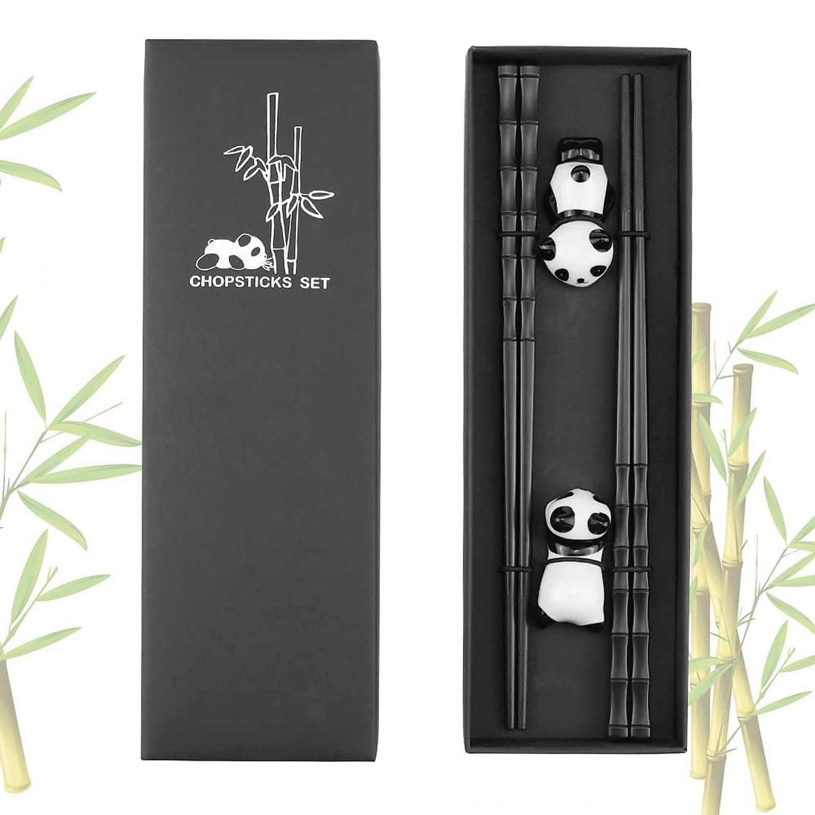 DXLing 2 Pairs Chopsticks Fibreglass Reusable Bamboo Shape Chopsticks Chinese Style Black Chopstick Rest Gift Set with Panda Ceramic Chopsticks Holder and Case