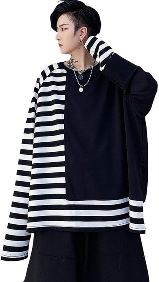 Amazon Ptorトレーナー メンズ 長袖 パーカー ボーダー柄 バイカラー ファッション プルオーバー クルーネック ゆったり トップス オーバーサイズ ストリート系 春 Freesize黒 トレーナー パーカー 通販