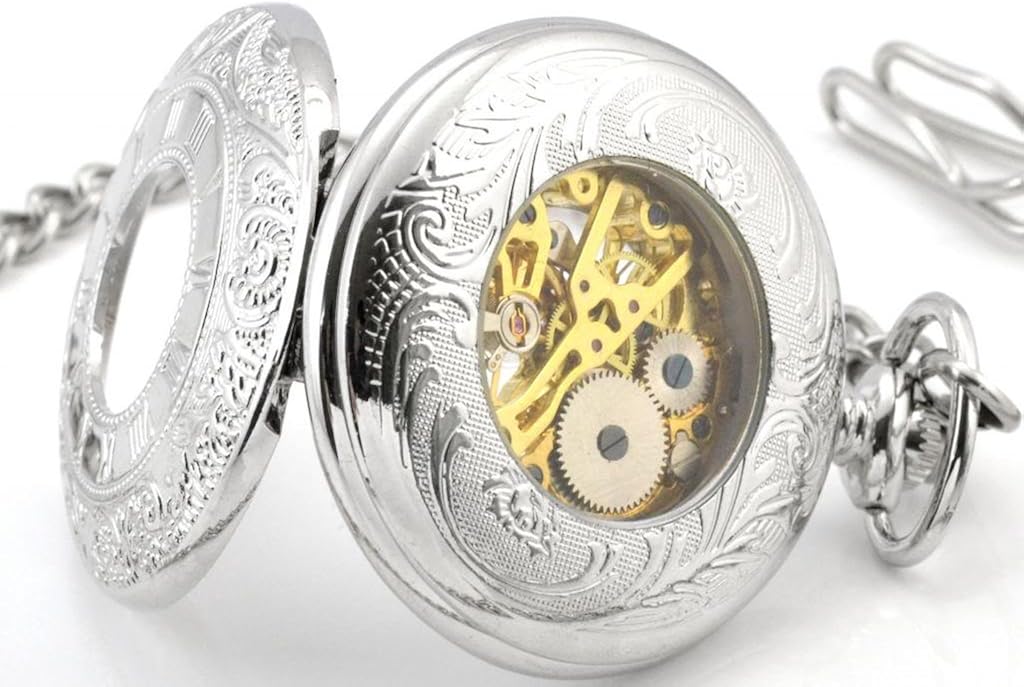 Infinite U Double Time Display Skeleton Hollow Steel Handwind Mechanical Pocket Watch Silver - Image 4