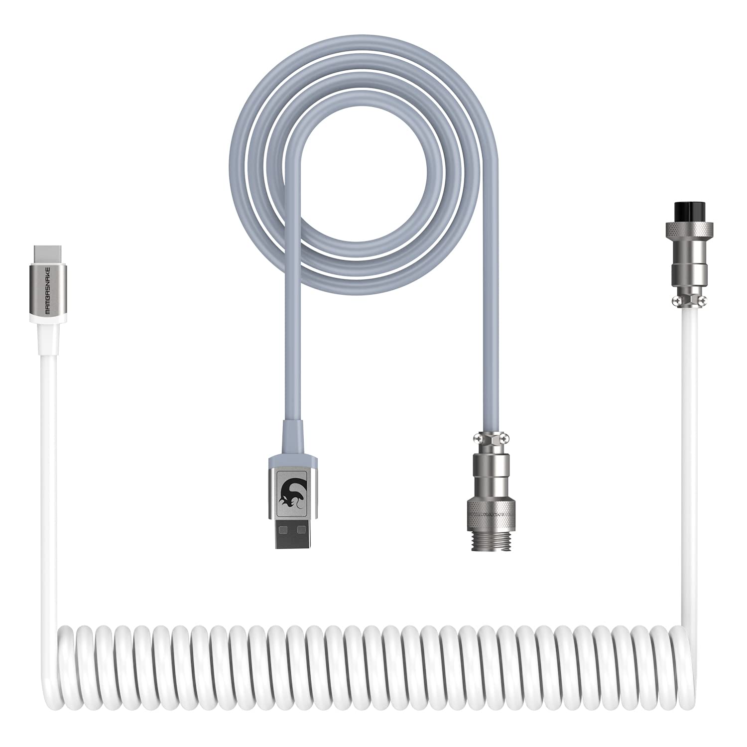 XINMENG Coiled USB-C Mechancial Keyboard Cable Premium Aviator Spiral Spring Braided Paracord Double-Sleeved Type C, for Mechanical Gaming Keyboard Phone Laptop (Grey/White)