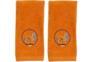 Serafina Home Fall Bathroom Hand Towels - Set of 2 Embroidered Burnt Orange Fingertip Towels with Squirrels & Acorns in Autumn Wreath Design –12” x 18” Fall Décor for Bath and Kitchen