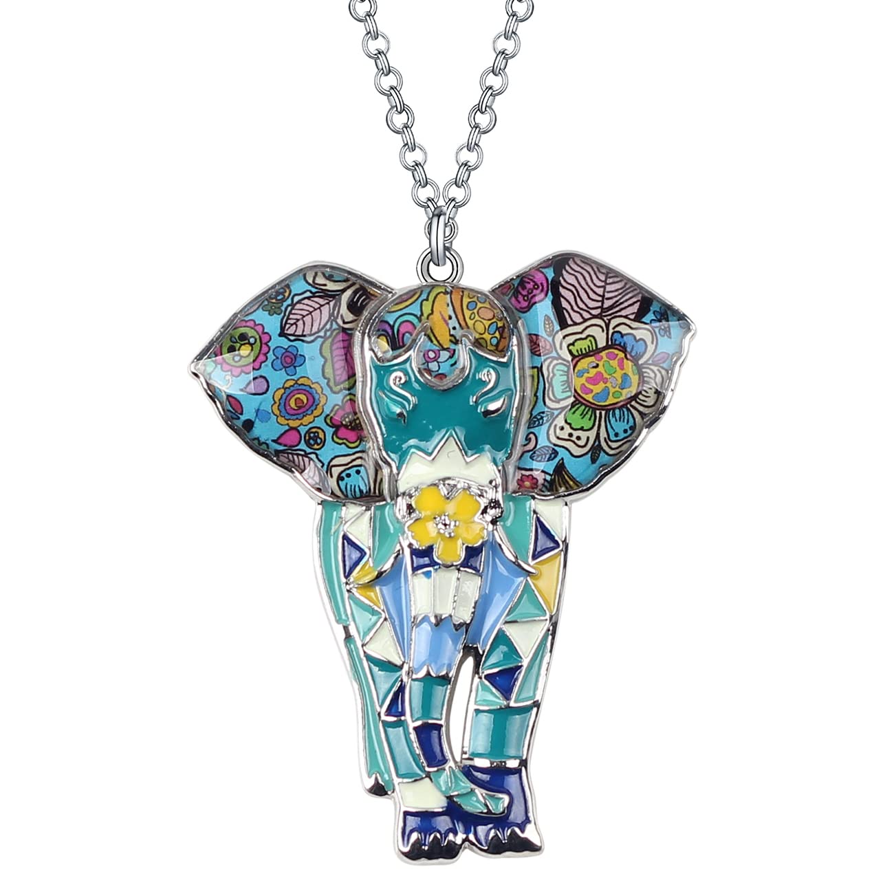 BONSNY Signature Africa Wildlife Collection SUNRISE Jungle Safari Wild Elephant Enamel Pendant Necklace (Blue)