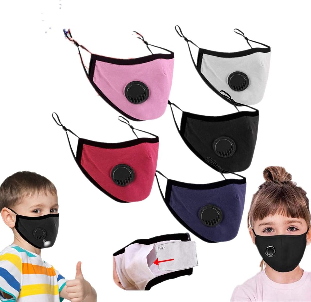 5PCS Children's Seamless Face Bandanas Cotton with Breathing valve, with 20pcs Activated Carbon Filter Sheet Replaceable Filters Haze Dust Face Health (5PC)