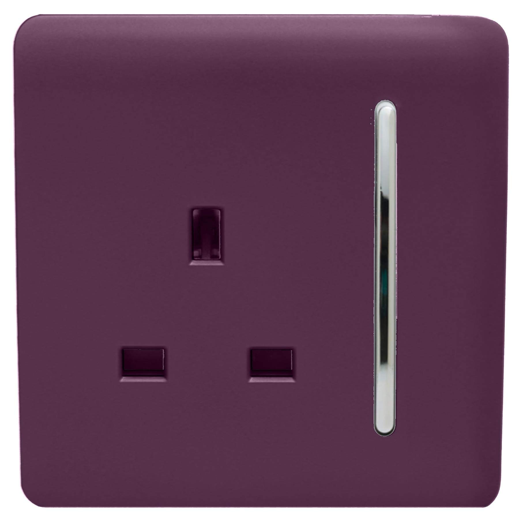 Trendi 1 Gang Raised Artistic Modern Glossy Screwless 13 Amp Single Pole with Chrome Switched UK Standard Electrical Double Wall Plug Socket in Plum Purple - ART-SKT13PL