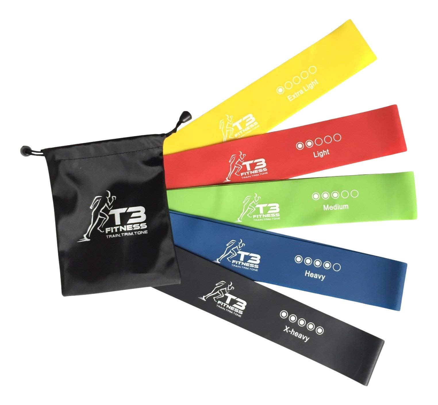 T3 Fitness 5pc Set of Durable Natural Latex Resistance Exercise Loop Bands, 5 Bands marked with Different Strengths + Storage Bag, Great for Improving Mobility and Strength, Yoga, Pilates, Crossfit or Injury Rehabilitation