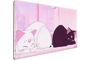 MECHANICAL CATTLE Desk Pad Pink Anime White Cat Black Cat Gaming Mouse Pad Large, Office Decor Exclusive Beautiful Girls Non-Slip Rubber Computer Mat For Women Desktop with Stitched Edges 31.5x15.7 in
