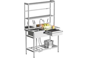 Toemics 39'' Stainless Steel Utility Sink, Free Standing Commercial Single Bowl Sink with Right Drawer & Shelves & Cold and Hot Water Pipe, Indoor and Outdoor Sink for Laundry Room, Garage, Kitchen