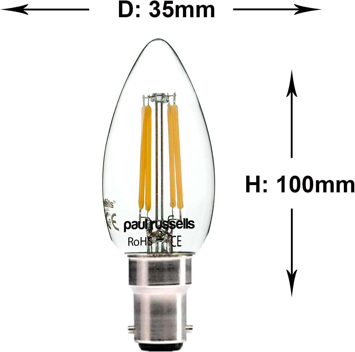 paul russells LED Candle Filament Light, 4.5W 40W Equivalent Replacement, 470LM Lumens, 2700K Warm White - Image 4