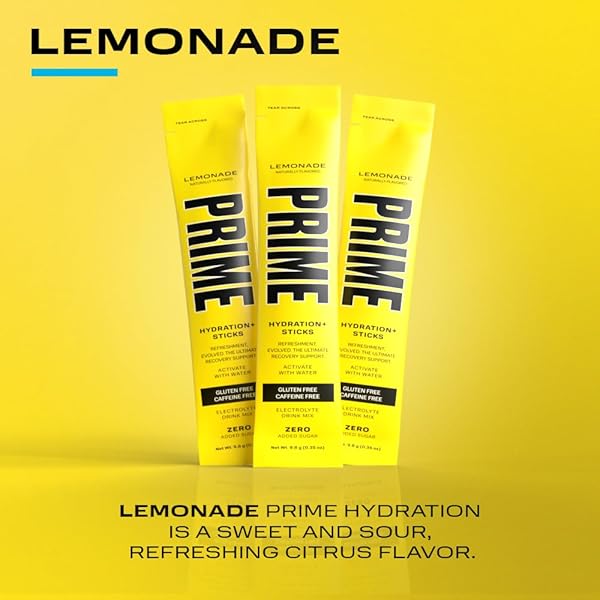 PRIME HYDRATION+ STICKS LEMONADE | HYDRATION POWDER SINGLE SERVE STICKS | ELECTROLYTE POWDER ON THE GO | LOW SUGAR | CAFFEINE-FREE | VEGAN | 6 STICKS