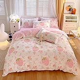 SOULZZZ White Pink Duvet Covers Queen Size - Pink Strawberry Bedding Queen Comforter Sets 3 PCS with Zipper Closure Duvet Cover & 2 Pillow Shams (No Comforter)