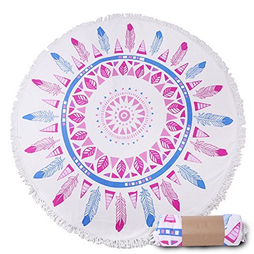ONEPACK Beach Towel Round Tapestry Indian Throw with Tassels, 100% Cotton-Extra Thick, Ultra Soft, Water Absorbent, Tropical Manlada Roundie Design, 60 inch (Pink Feather)