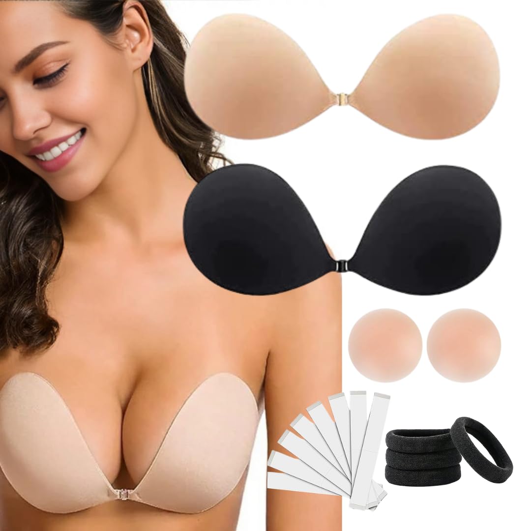 Photo 1 of 2 Pack Invisible Sticky Adhesive Bra Clothing Tape Strapless Reusable Push Up Backless Hair Bands Nipple Covers Seamless Stick On Bra (US, Cup Band, DD)