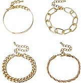 Pazciay Gold Stackable Bracelets for Women, 4 pack Cuban Link Chain Bracelet Set, Layered Chain Bracelets Pack Jewelry Gifts for Women Mom 7"+2"