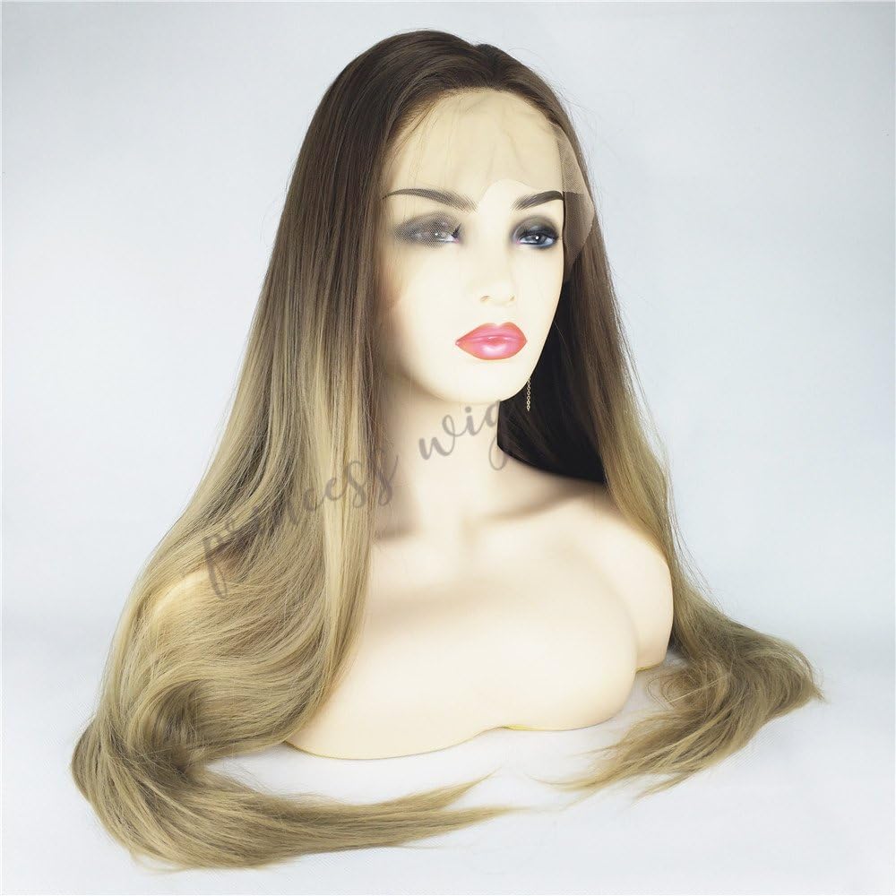 Princesswig Ombre Blonde Lace Front Wig Long Straight Synthetic Wigs 3 Tones Dark Roots Glueless Wig For Women Heat Resistant Fiber Hair Half Hand Tied 24 inches
