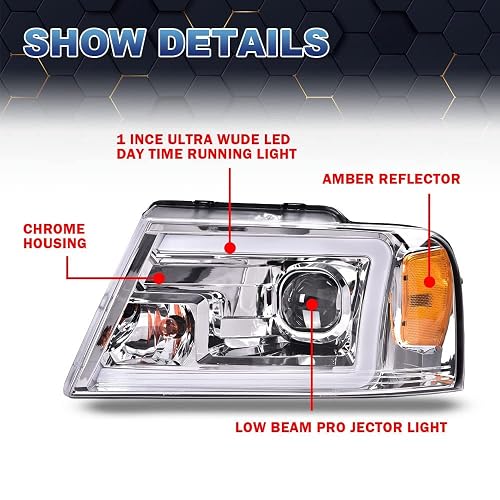 LED DRL Clear Headlights For 2004-2008 Ford F-150 / Lincoln Mark LT – Chrome Housing