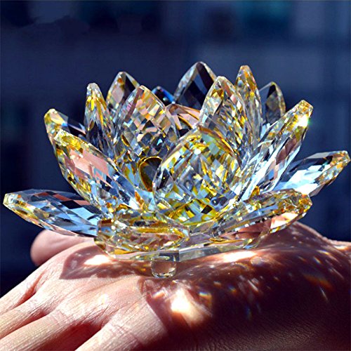 Gold Happy 80mm Quartz Crystal Lotus Flower Crafts Glass Paperweight Fengshui Ornaments Figurines Home Wedding Party Decor Gifts Souvenir